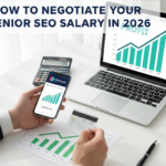 Senior SEO professional analyzing salary data and interview insights on a laptop and smartphone featuring the Offerly.tech logo to prepare for salary negotiation.
