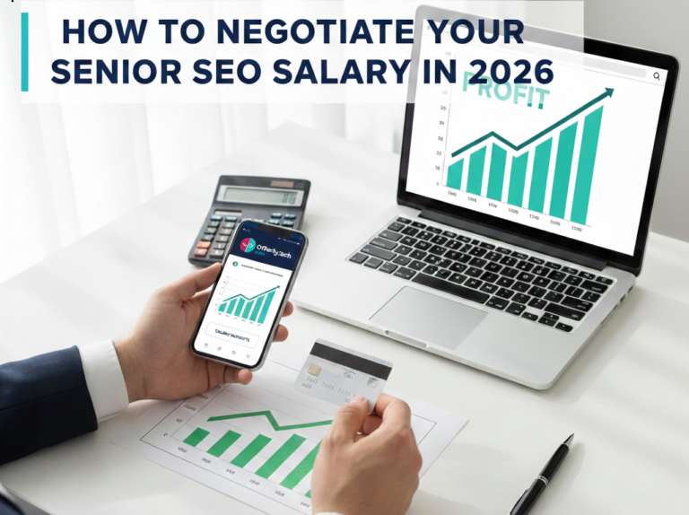 Senior SEO professional analyzing salary data and interview insights on a laptop and smartphone featuring the Offerly.tech logo to prepare for salary negotiation.